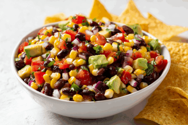 cowboy caviar in a white bowl with tortillas