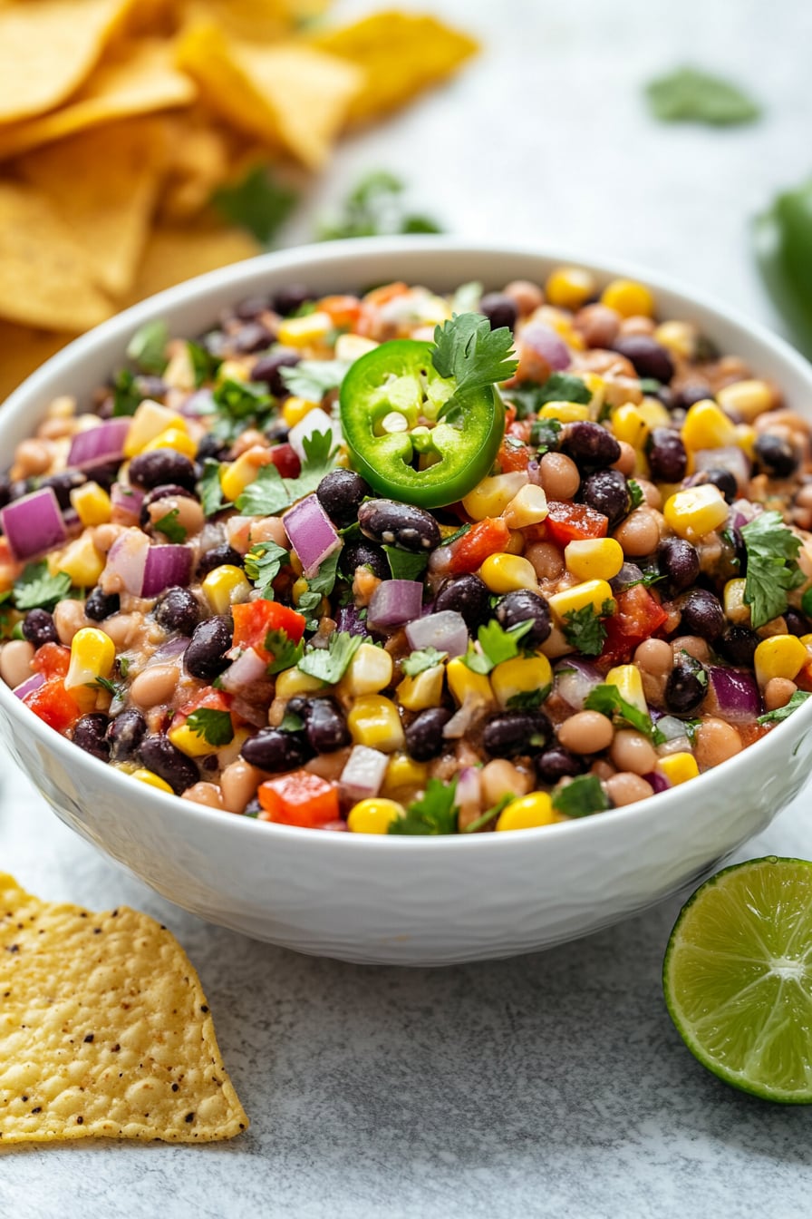 Cowboy Carviar dip with tortilla chips on the side