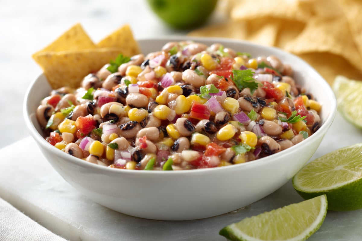 Cowboy Carviar dip with tortilla chips on the side