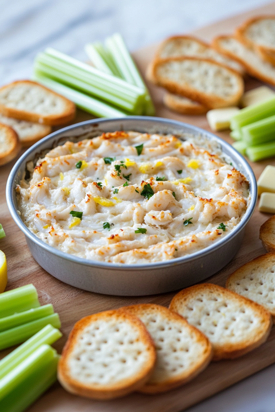 crab dip in bowl with bread, celery and dippers alongside