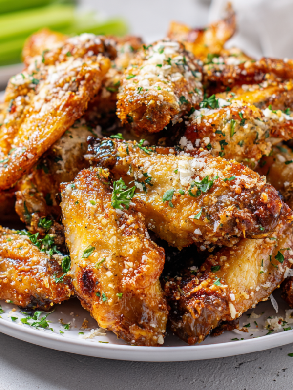 party ready crispy baked garlic parmesan wings on a platter