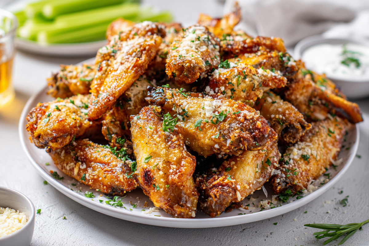 party ready crispy baked garlic parmesan wings on a platter