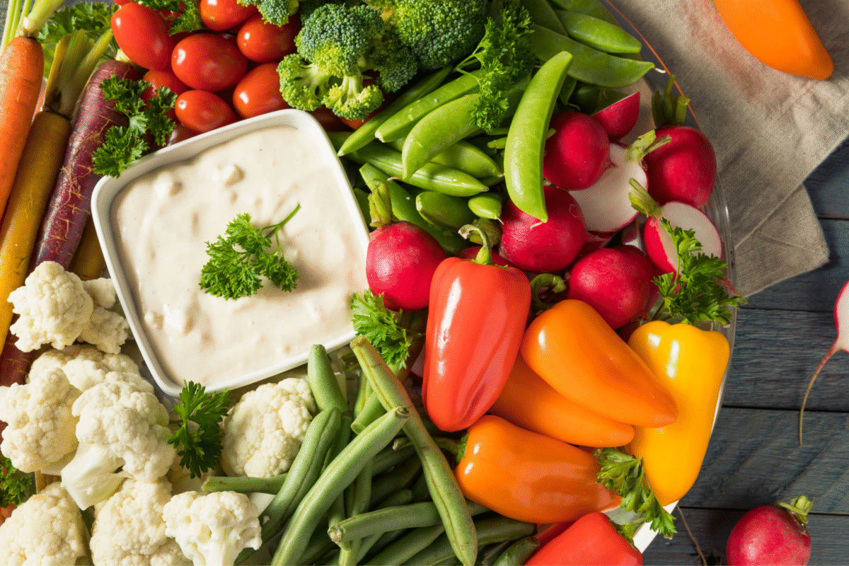 top down view of a crudites/vegetable platter