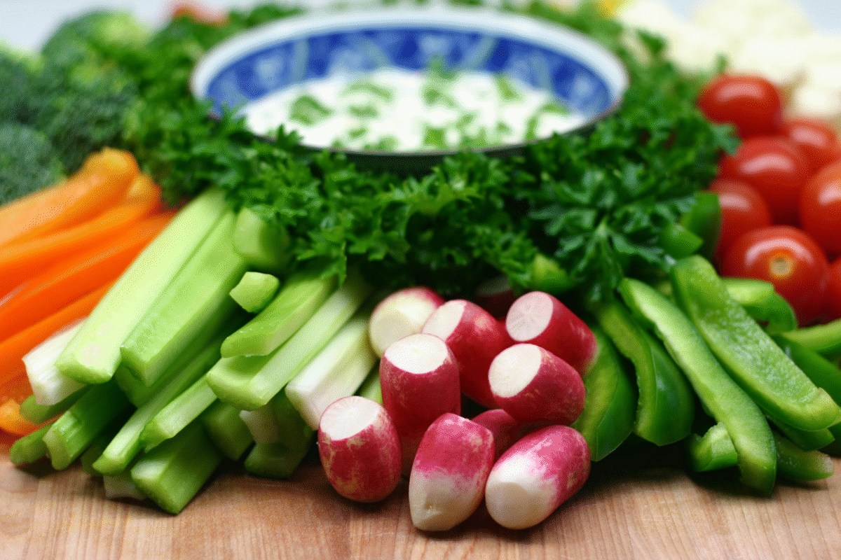top down view of a crudites/vegetable platter