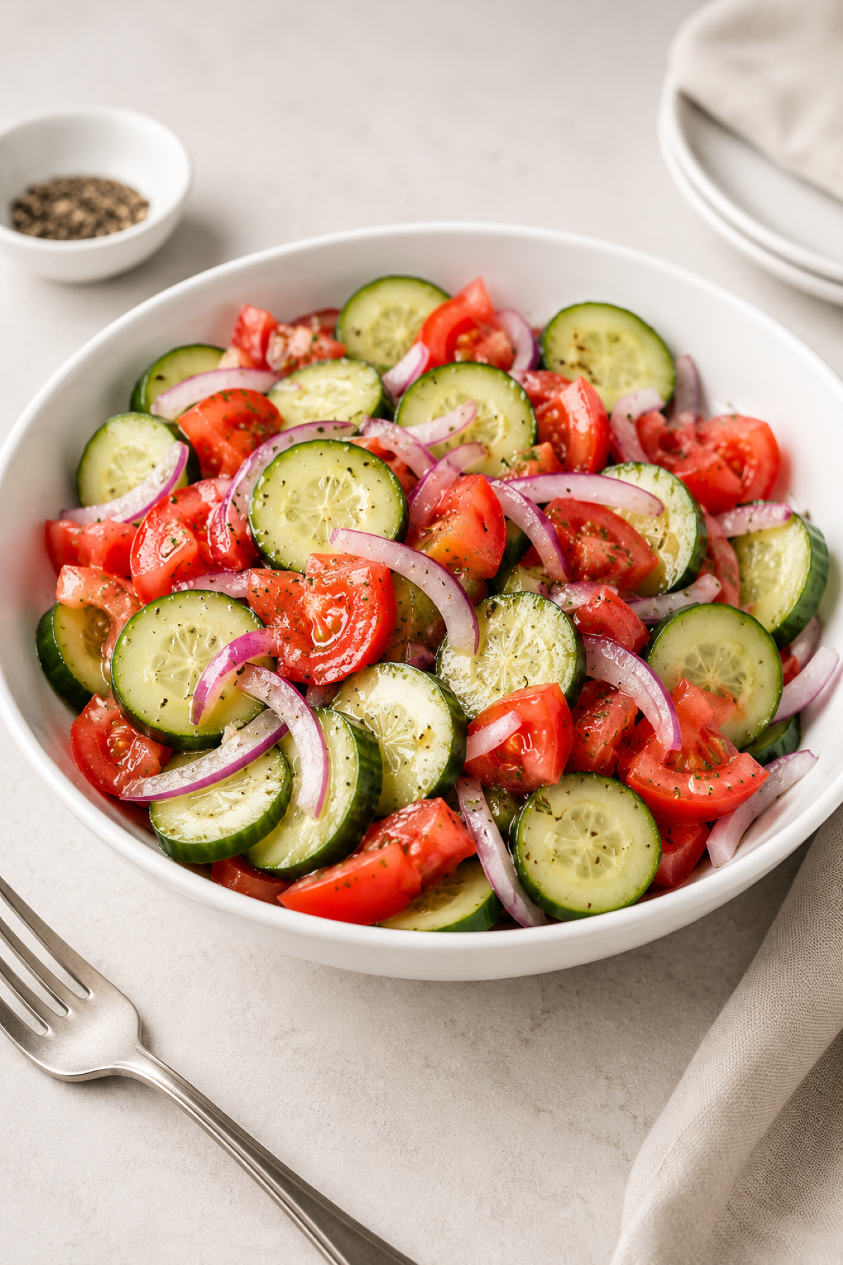 cucumber tomato onion salad in a white bowl for summer