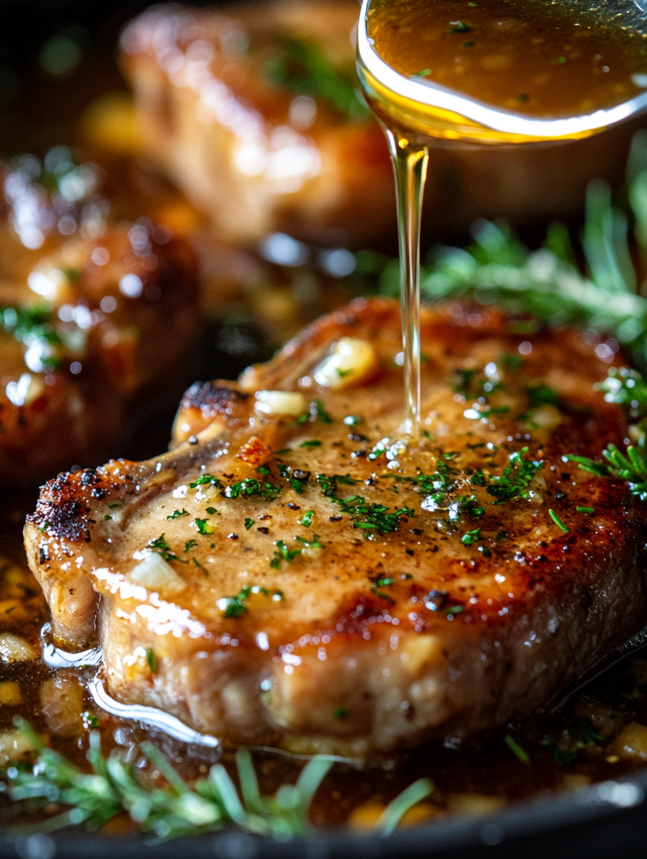 spooning garlic butter over skillet pork chops