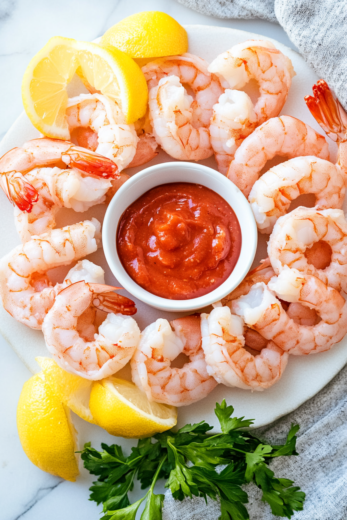 overhead view of a round platter of peeled tail-on shrimp with cocktail sauce and lemon wedges