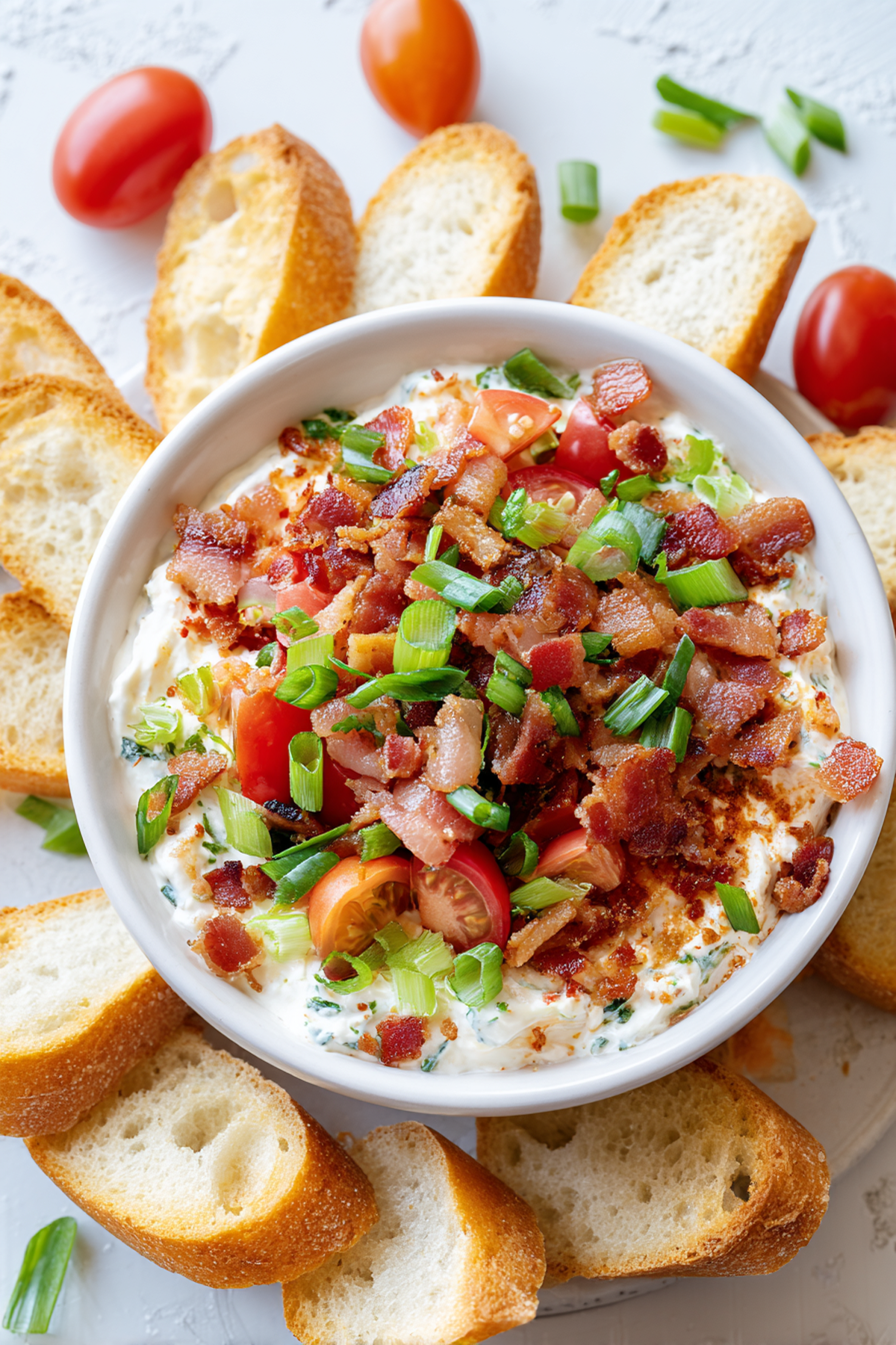 BLT dip with toasted bagel slices alongside. The dip is creamy with chunks of cooked bacon, tomatoes and sliced green onions on top