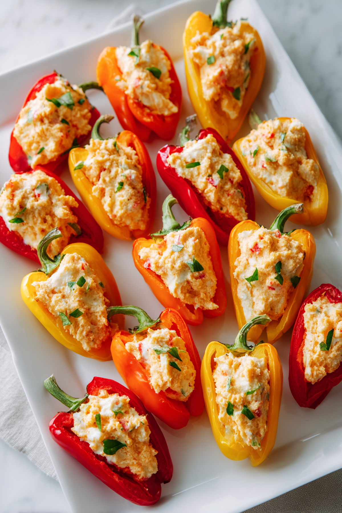 miniature halves of peppers stuffed with pimiento cheese