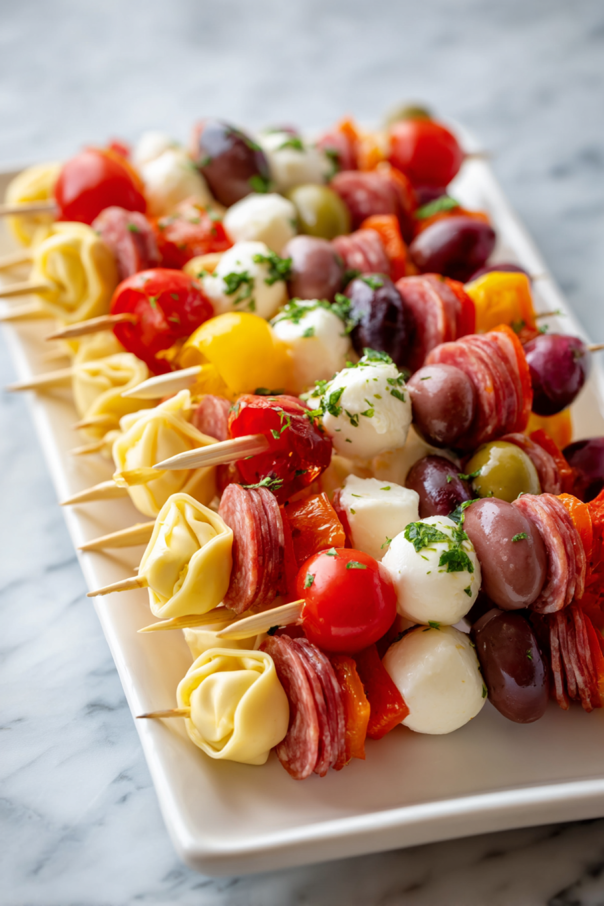 antipasto skewers on a white platter with tortellini, salami, tomatoes, olives and small mozzarella balls