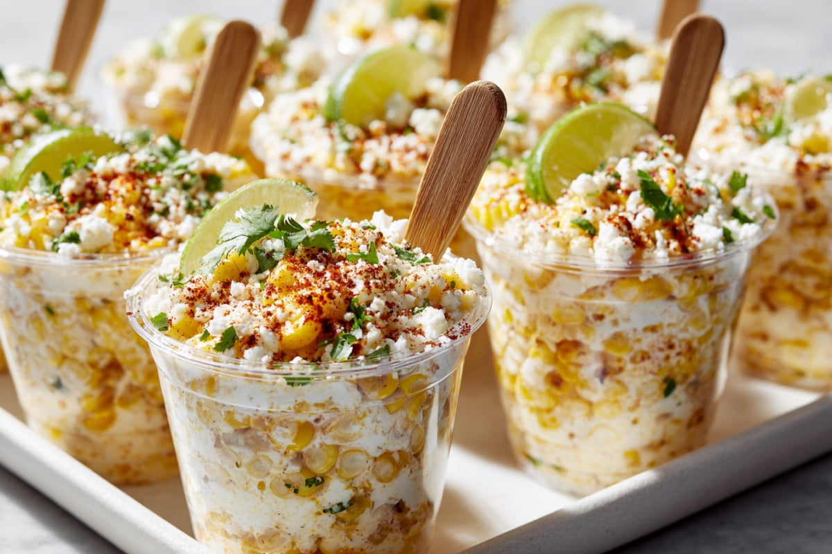 plastic glasses filled with elote on a tray