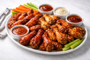 One Batch Of Crispy Wings, 4 Easy Sauces crispy chicken wings with 4 sauces on a platter for a party