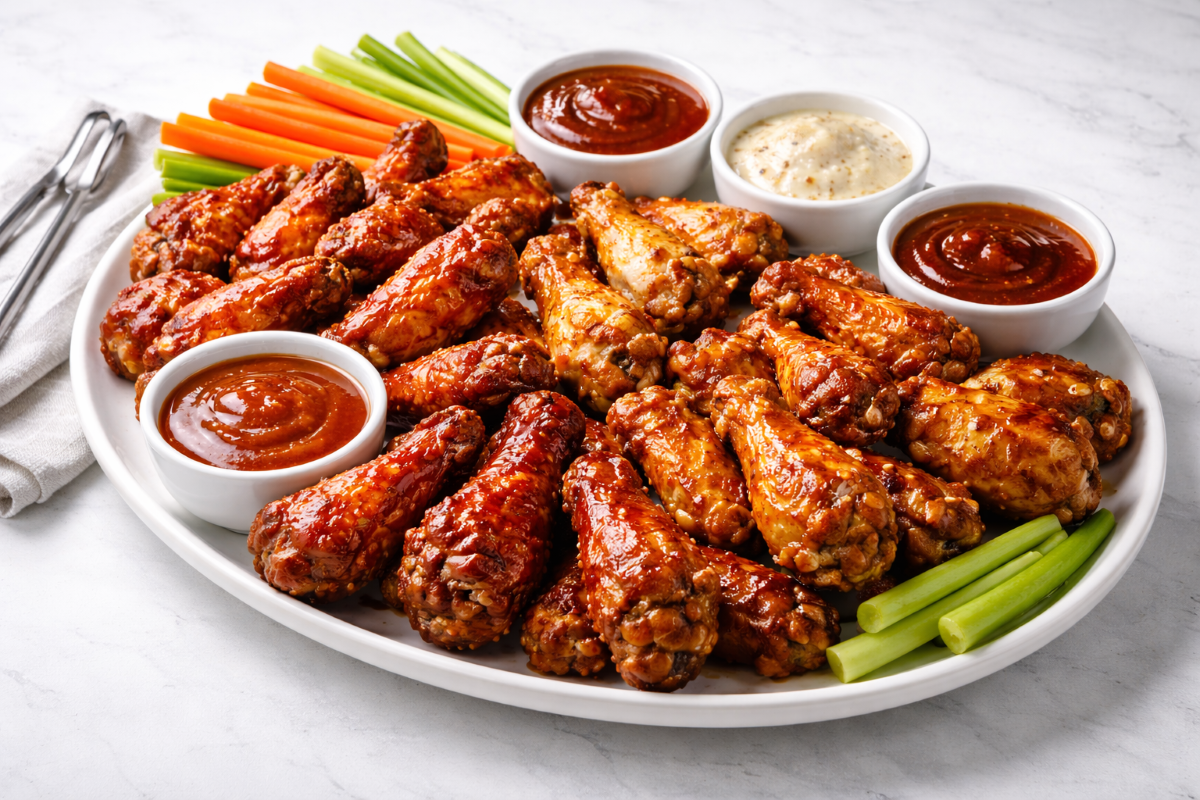 crispy chicken wings with 4 sauces on a platter for a party