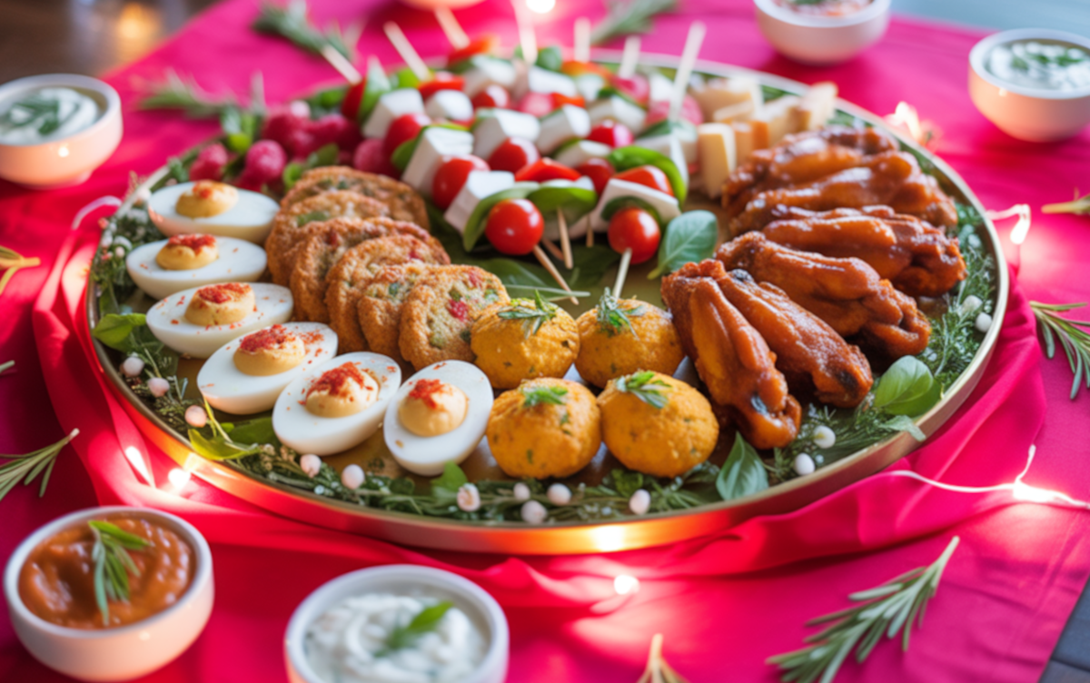 festive finger food party appetizer spread on a bright pink tablecloth