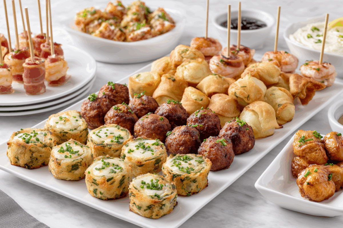 finger food appetizers assortment on a game day party table