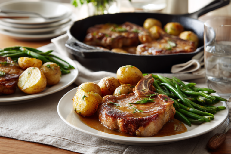 weeknight comfort food dinner with pork chops with potatoes and green beans