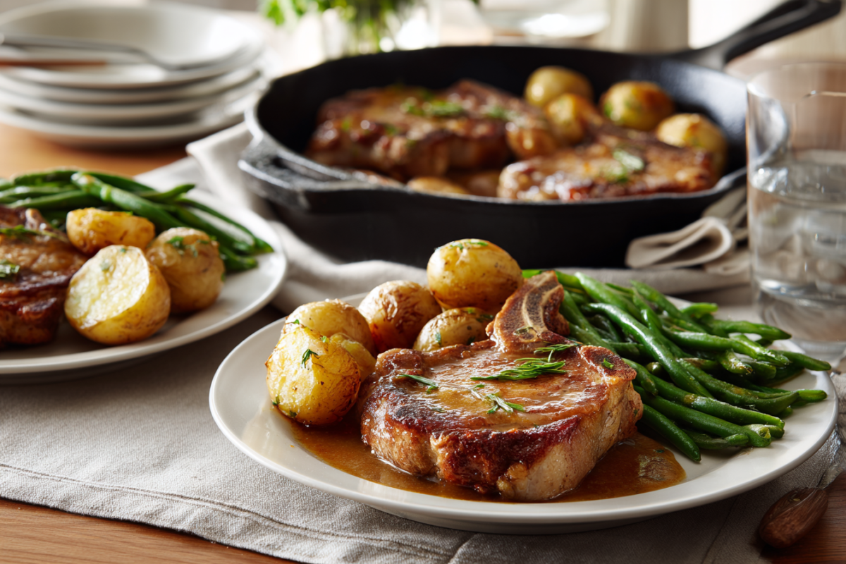 weeknight comfort food dinner with pork chops with potatoes and green beans