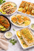 easy fish recipes displayed on a table showing fish tacos, salmon, tilapia, cod, and blackened fish