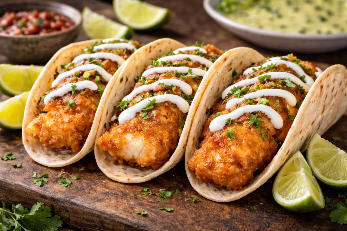 fish tacos drizzled with a cream sauce