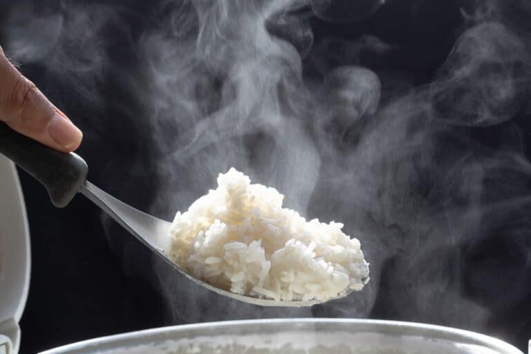 a steaming spoonful of jasmine rice help above the saucepan