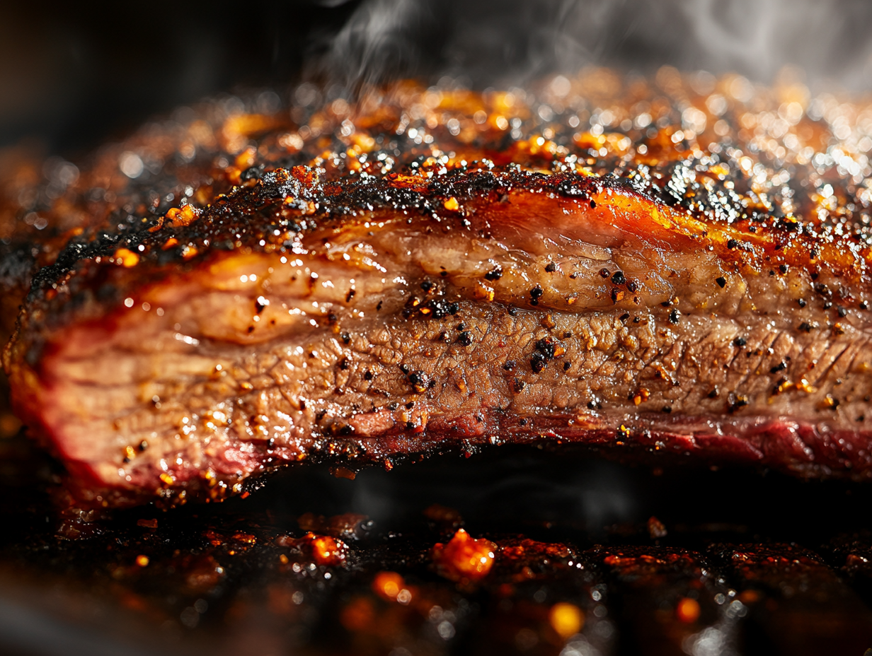 front view of a whole brisket on the smoker