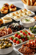 table set with assorted cold appetizers for a party