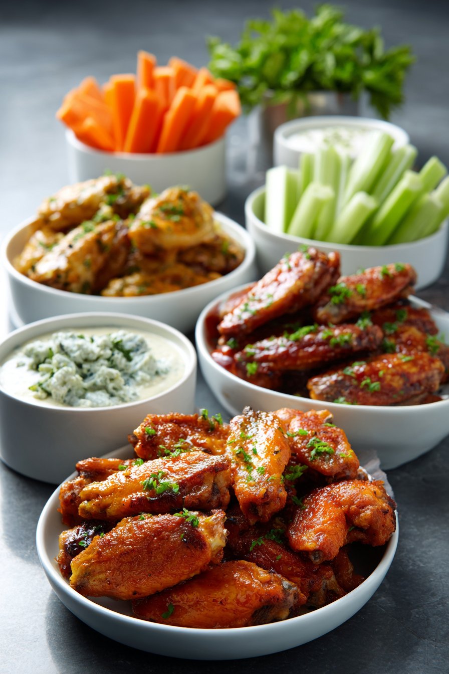 front angle view of assorted chicken wings and dips