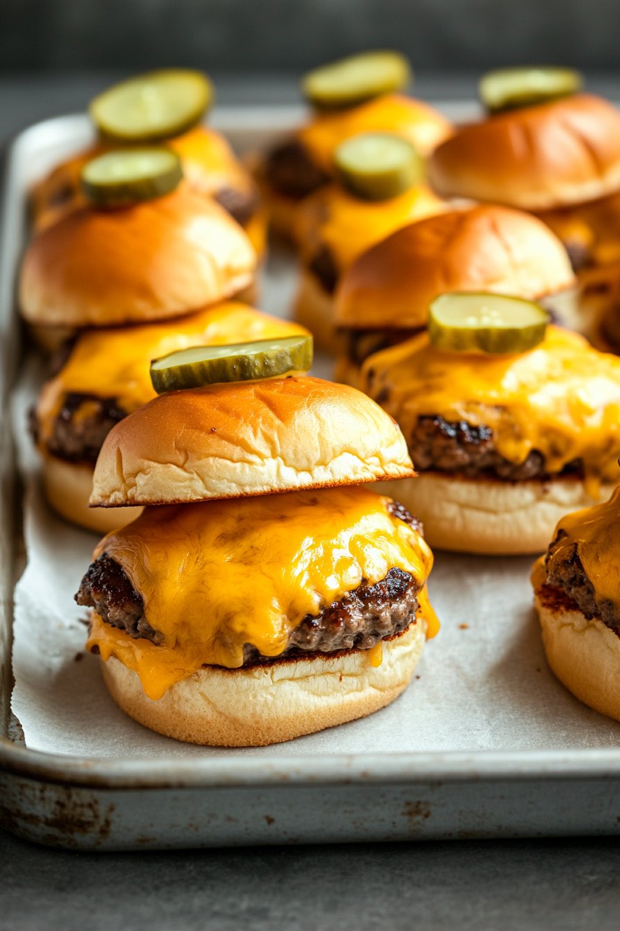 easy baked cheeseburger sliders with a pickle on top