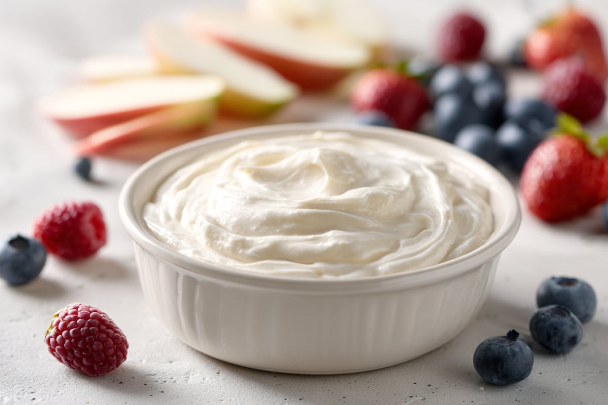fruit dip with assorted fruits and berries alongside
