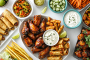 Winning Game Day Appetizers (Quantities, Temps, Make-Ahead) overhead view of an assortment of game day appetizers with Buffalo wings featured in the center