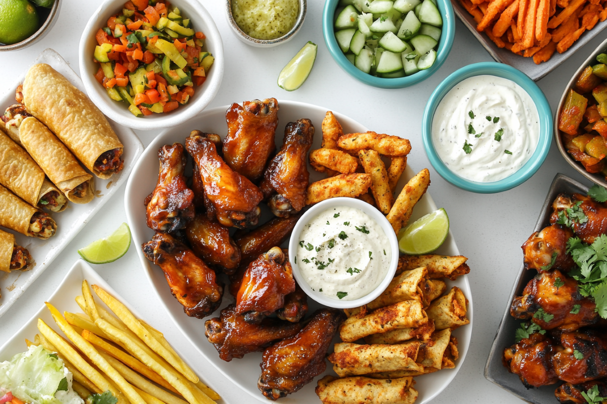 overhead view of an assortment of game day appetizers with Buffalo wings featured in the center