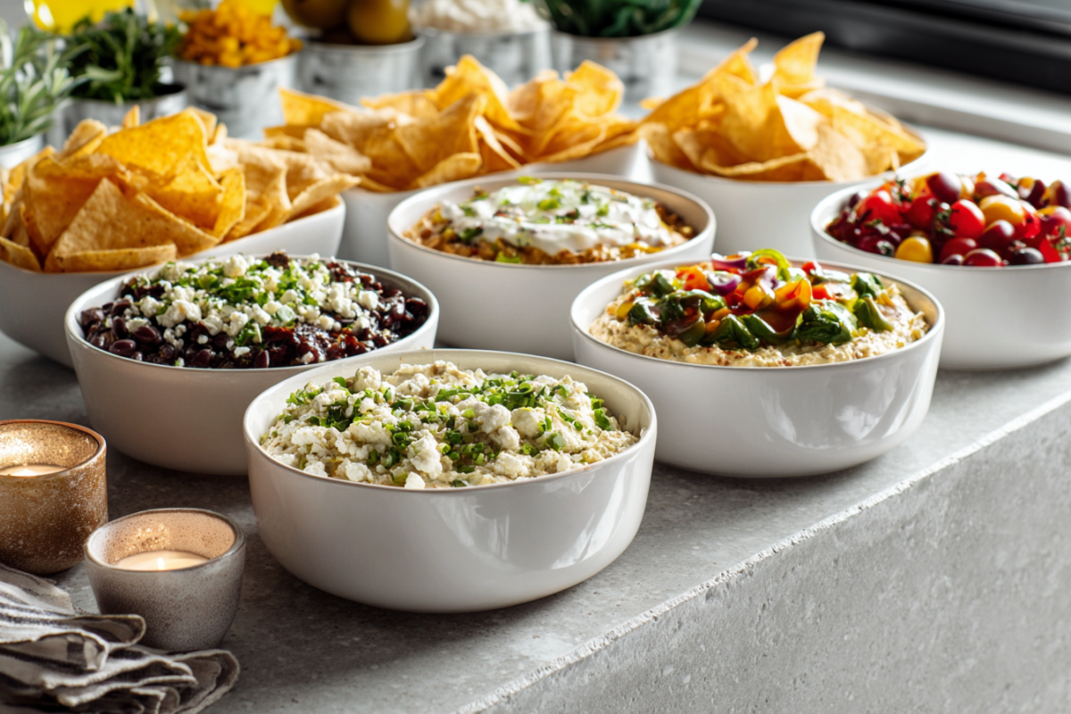 game day dips arranged on a table with dippers