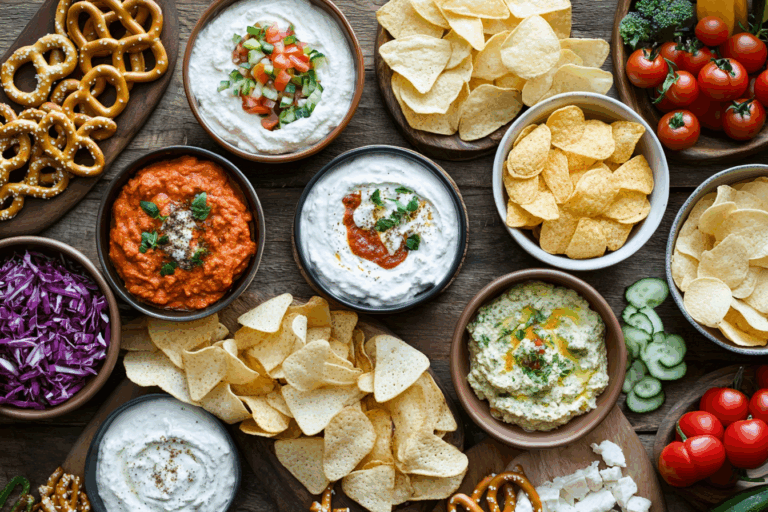 assortment of party dips and spreads with chips, crackers and pretzels