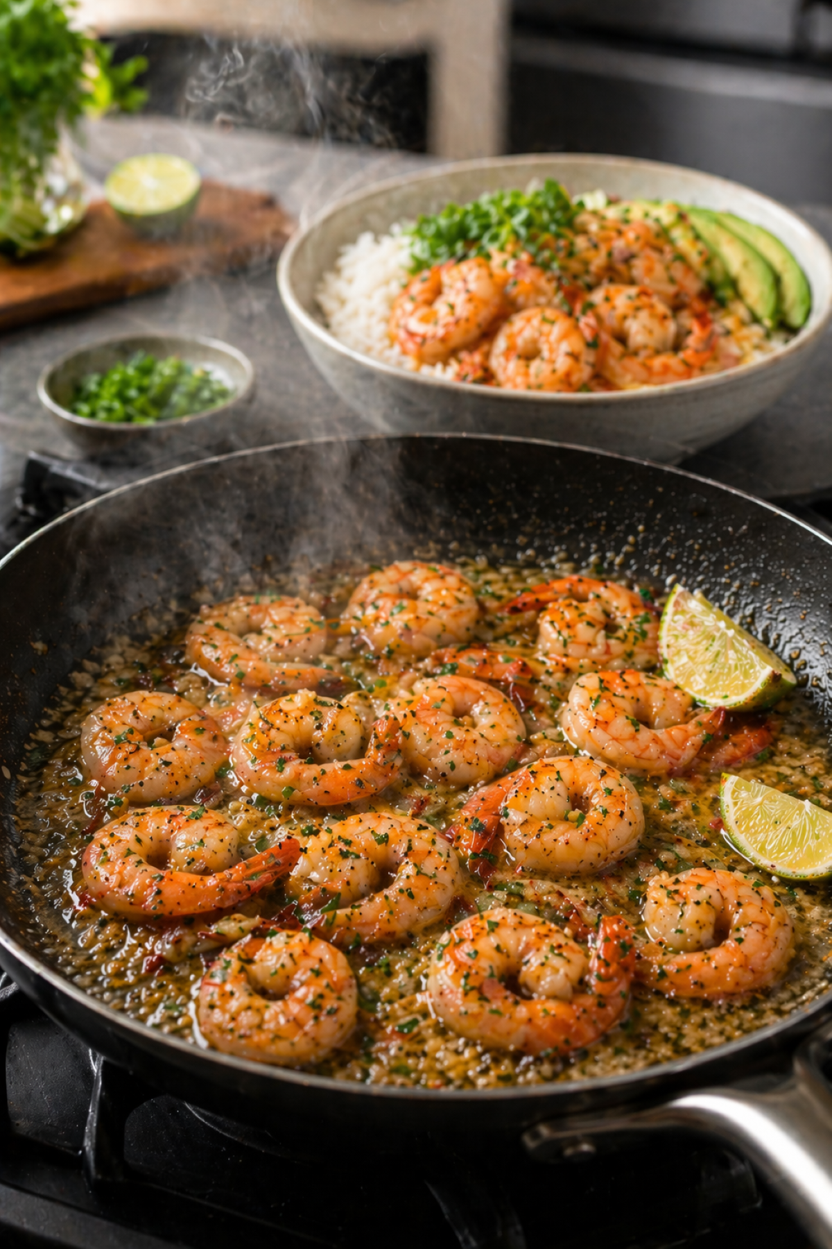 garlic butter shrimp cooking in a skillet and getting added to rice bowls