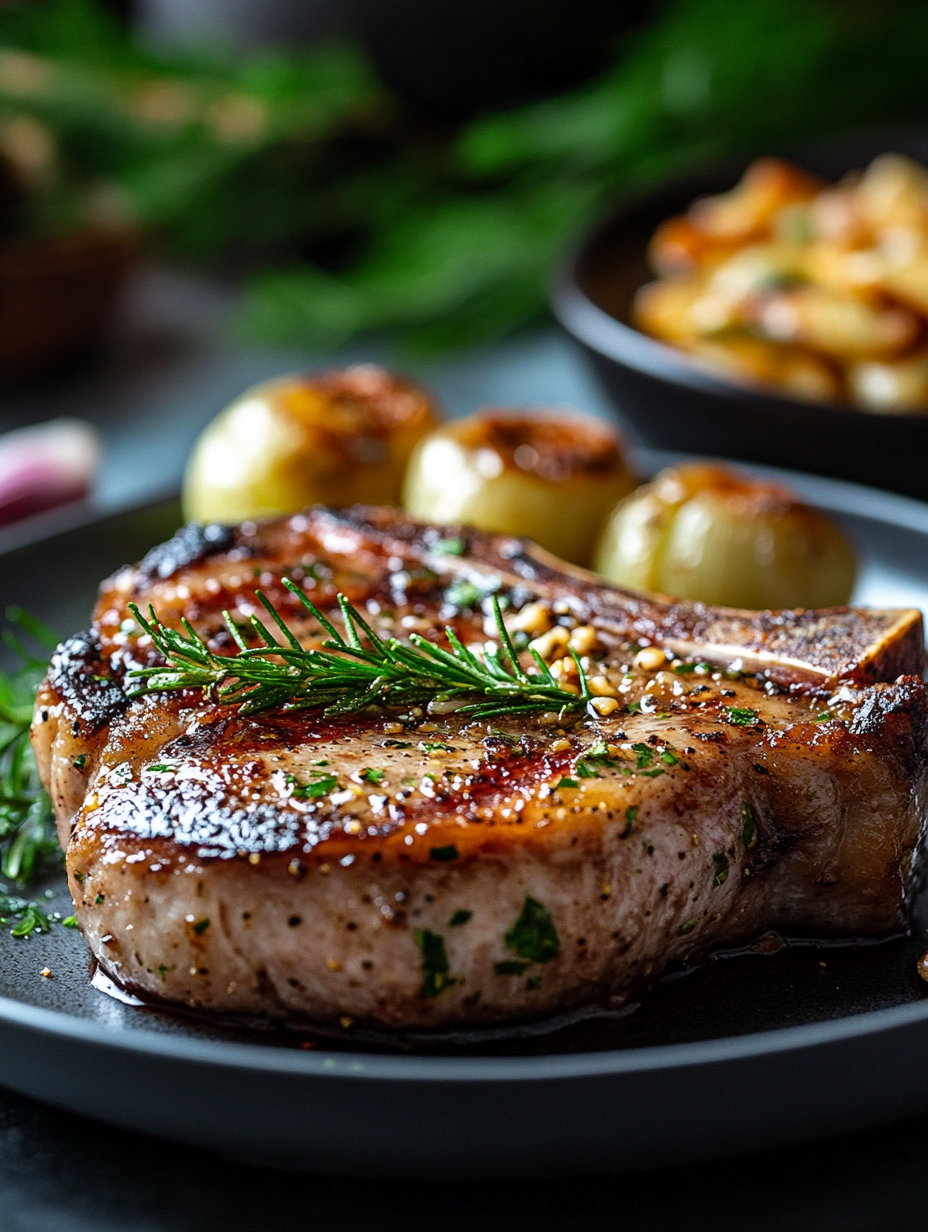 garlic butter pork chops served on a blue plate