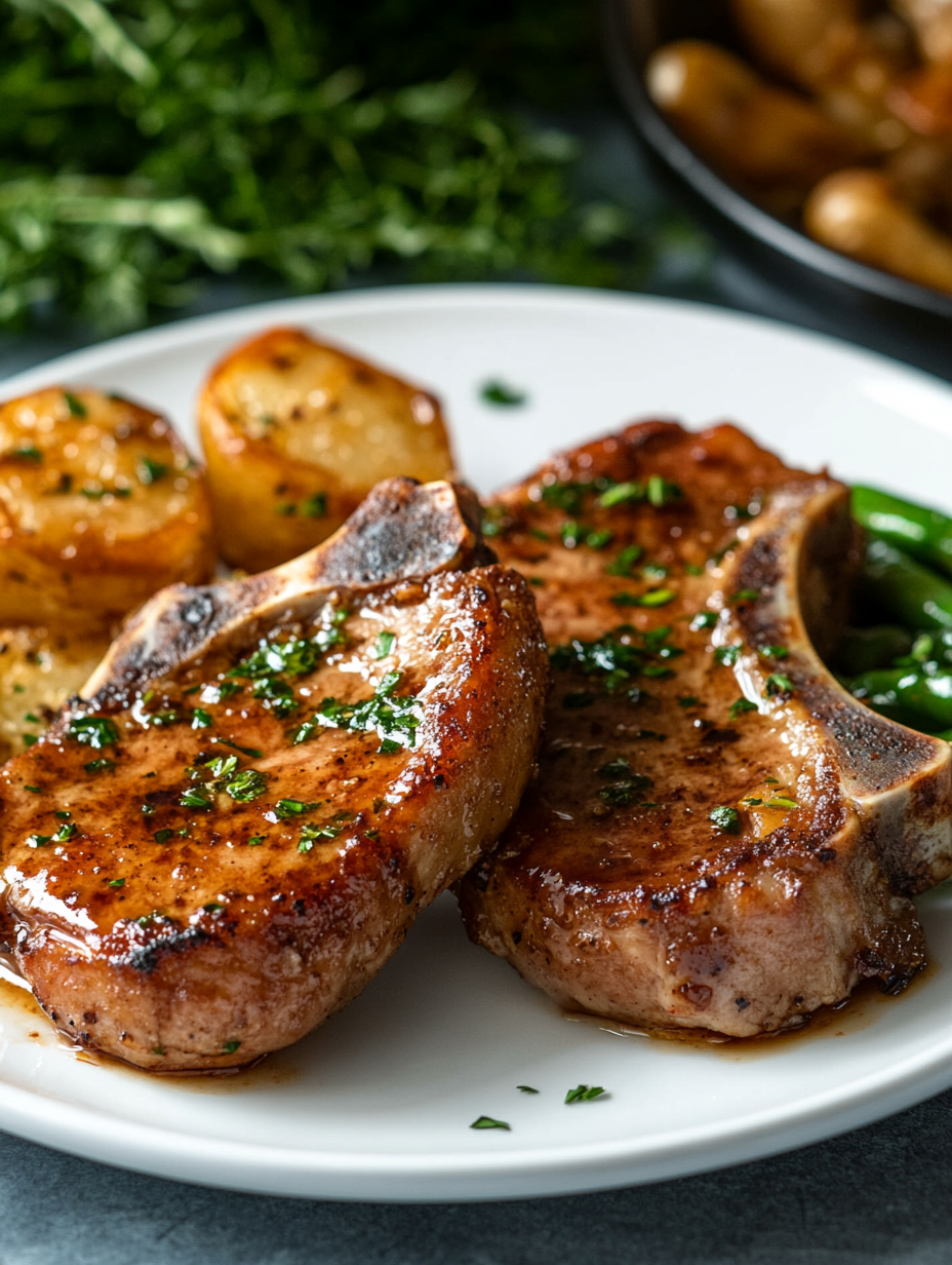 garlic butter pork chops on a plate
