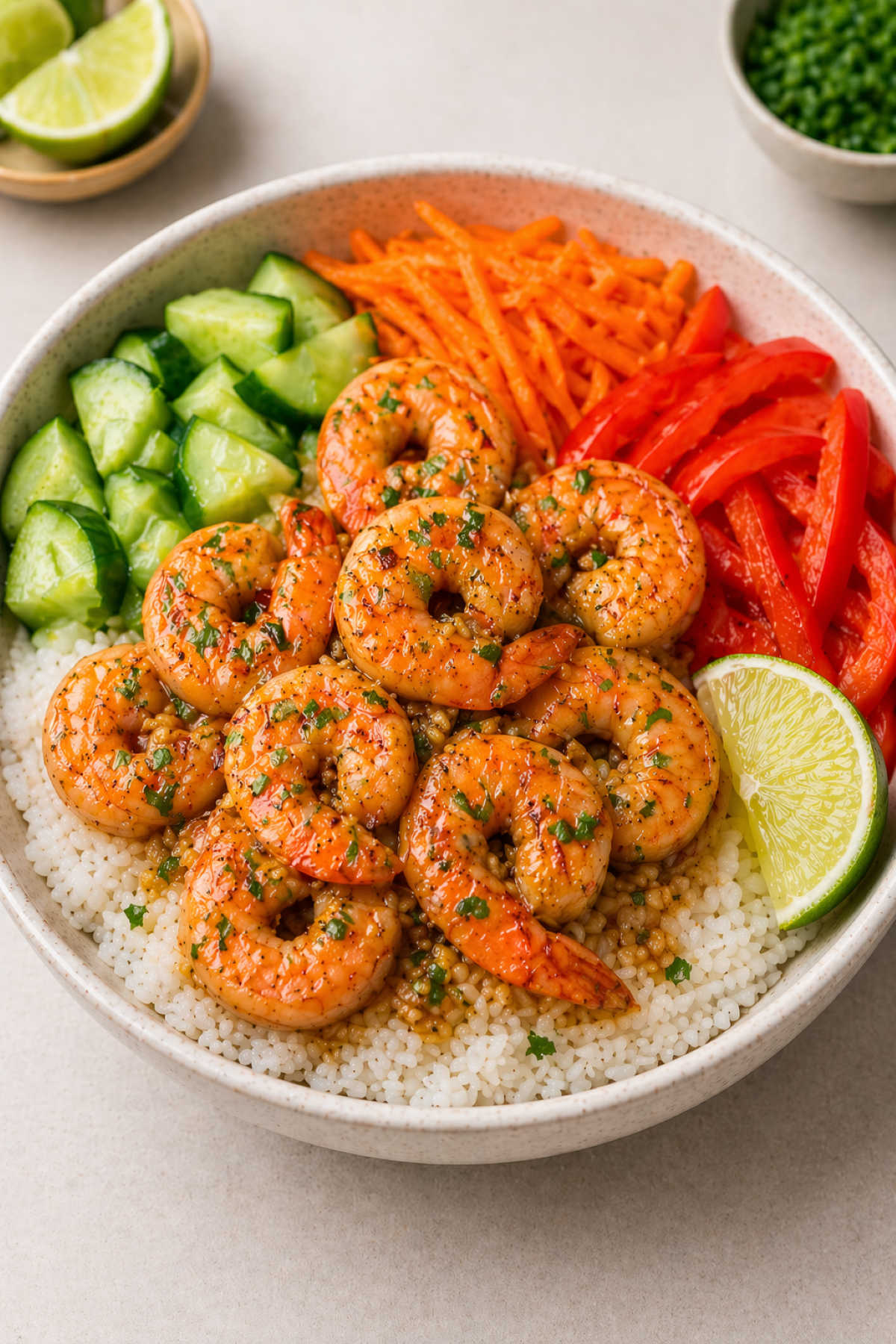 closeup of garlic butter shrimp rice bowls with cucumbers, carrots and lime