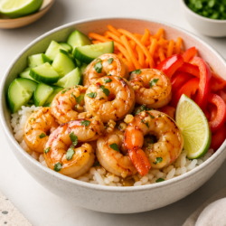 garlic butter shrimp rice bowls with cucumbers, carrots and lime