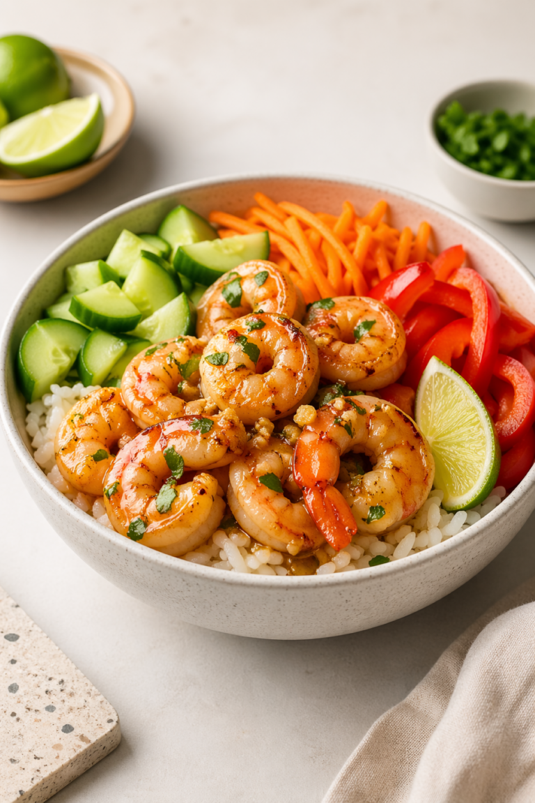 garlic butter shrimp rice bowls with cucumbers, carrots and lime