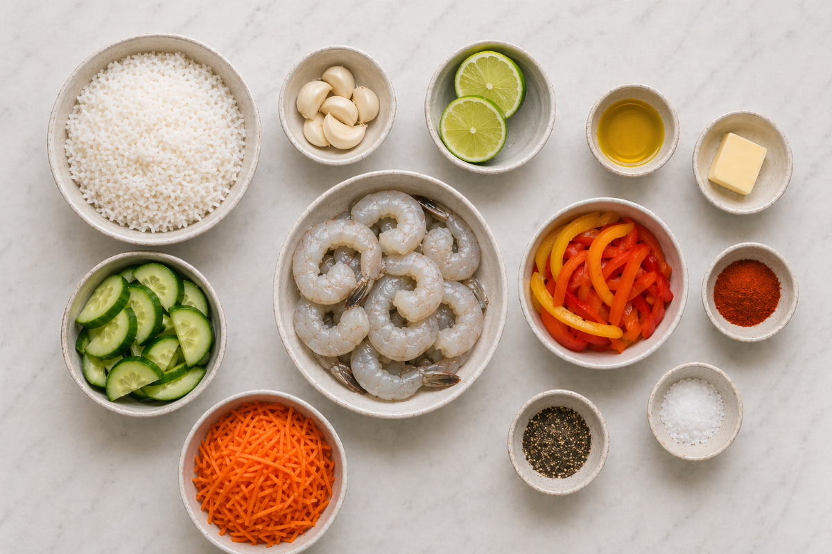overhead view of garlic butter shrimp and rice bowl ingredients