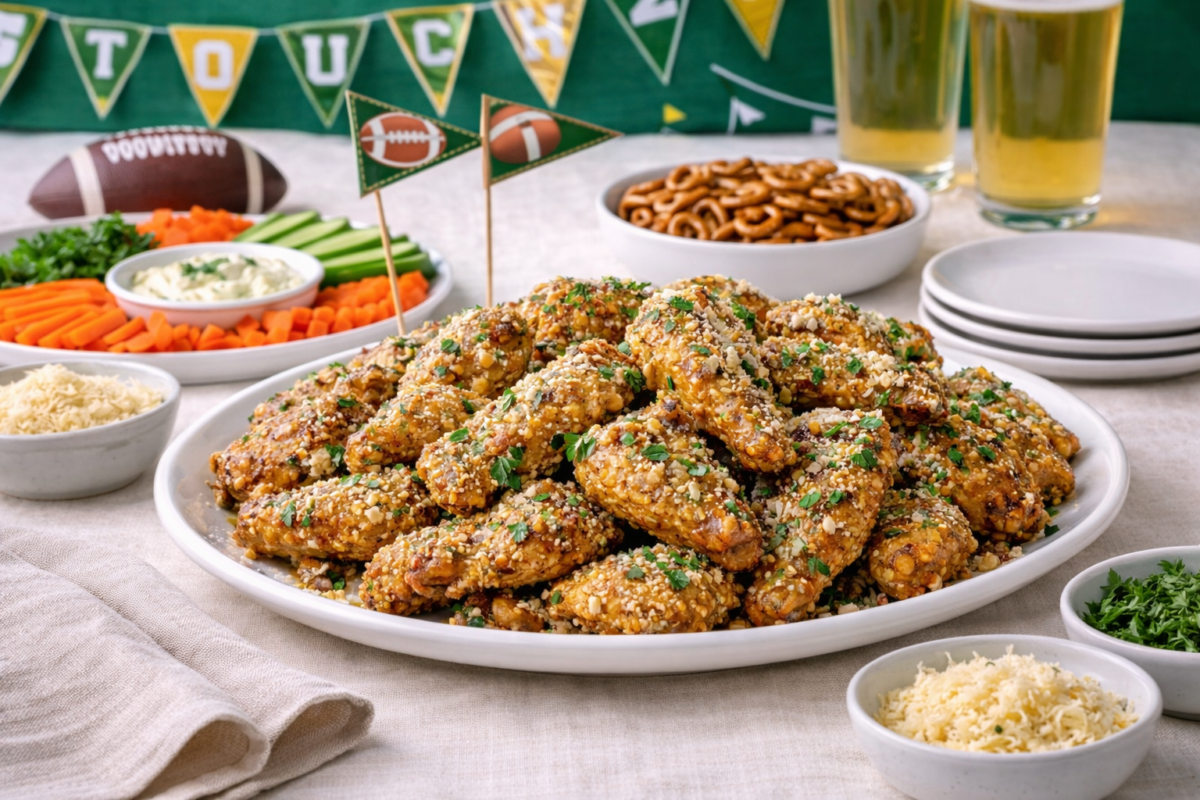 garlic parmesan wings with an appetizer spread in a game day themed party