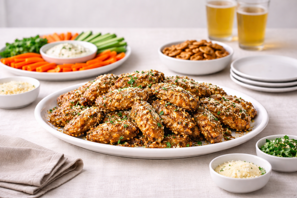 appetizer spread of garlic parmesan chicken wings