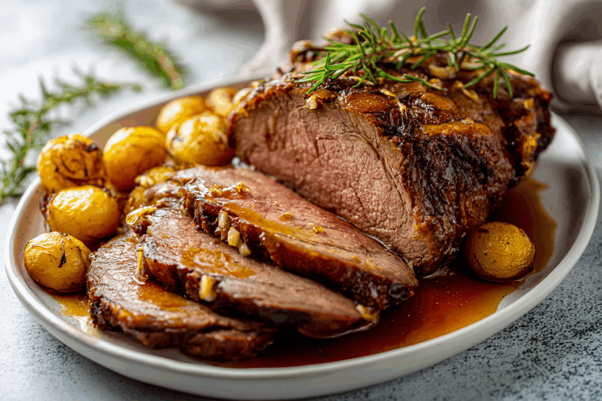  garlic rosemary beef roast, thick slices fanned out on a simple white platter,