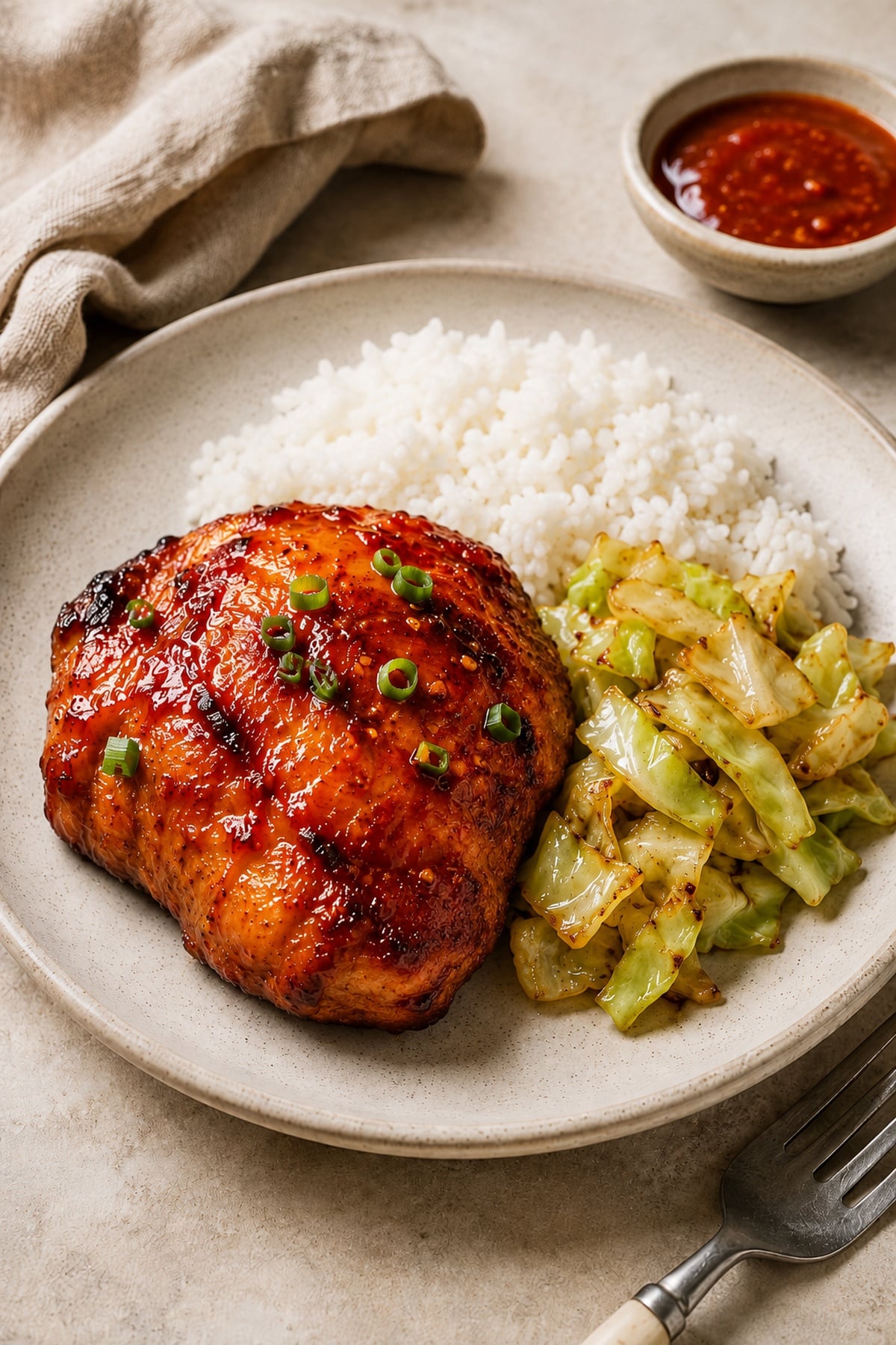 Gochujang bone-in chicken thighs with white rice and sauteed cabbage on the side