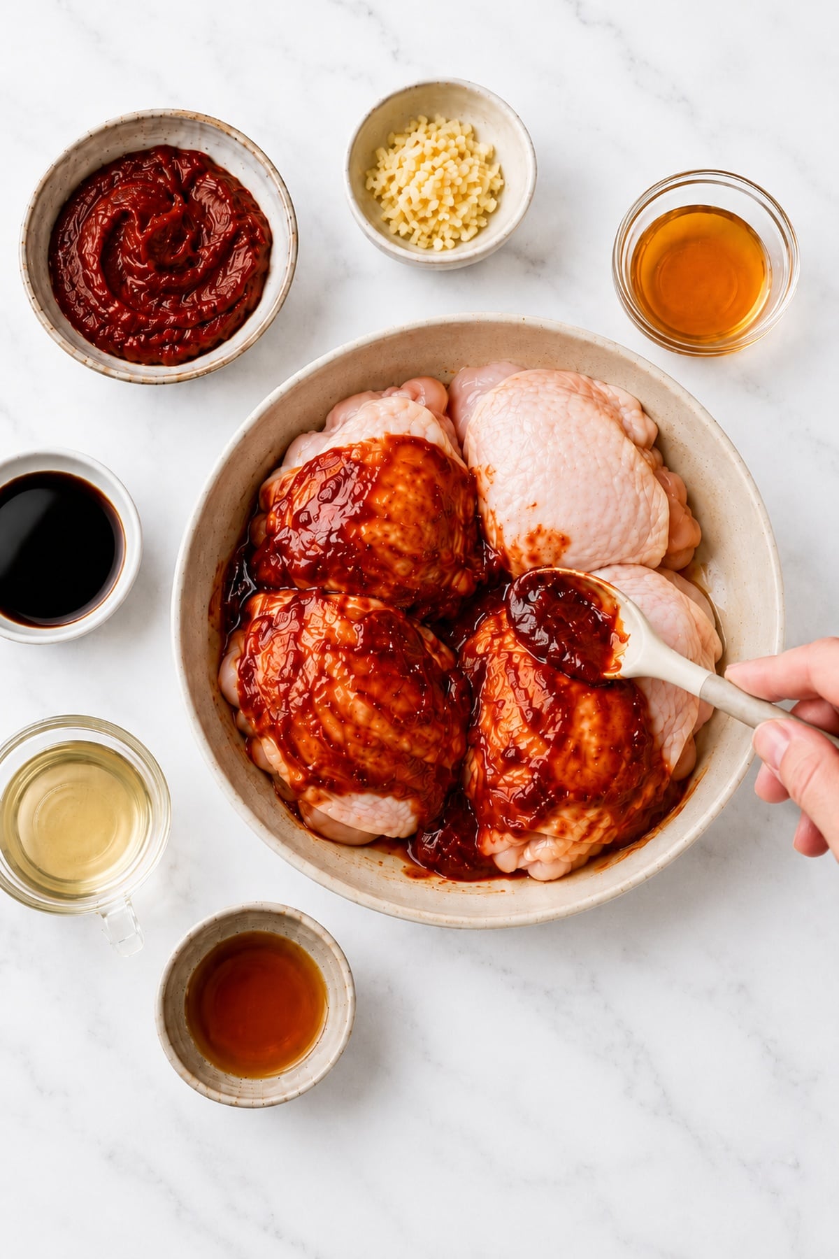 prepping and coating gochujang chicken thighs with marinade
