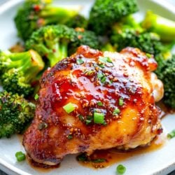 gochujang chicken thighs served with sauteed broccoli