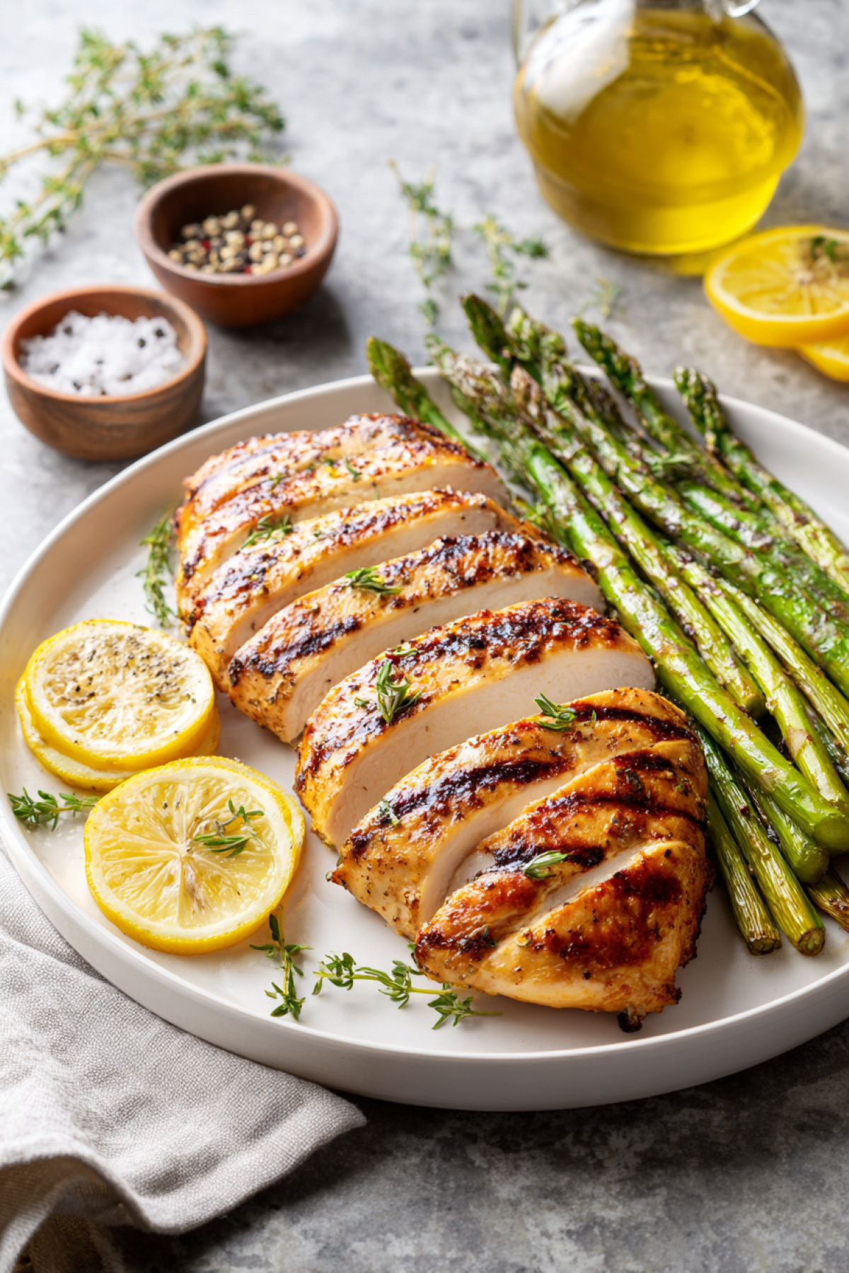 grilled chicken breasts sliced and served with sides.