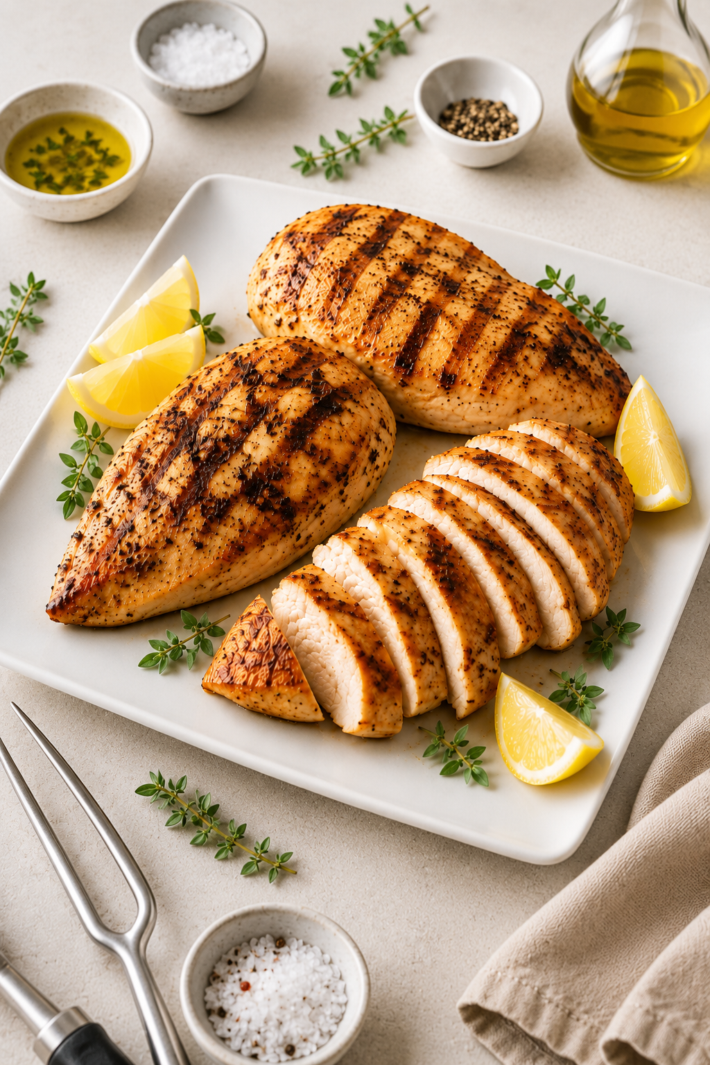 grilled chicken breasts on a platter with 2 whole and 1 sliced