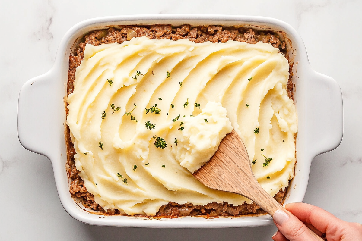 spreading mashed potatoes over the top of shepherd's pie filling with a wooden spoon making a pattern