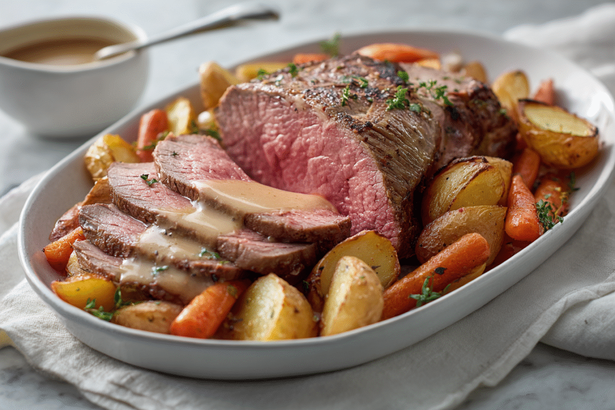 Whole roast beef partly sliced in a roasting pan with potatoes, carrots and onions in pan juices on a light stone countertop